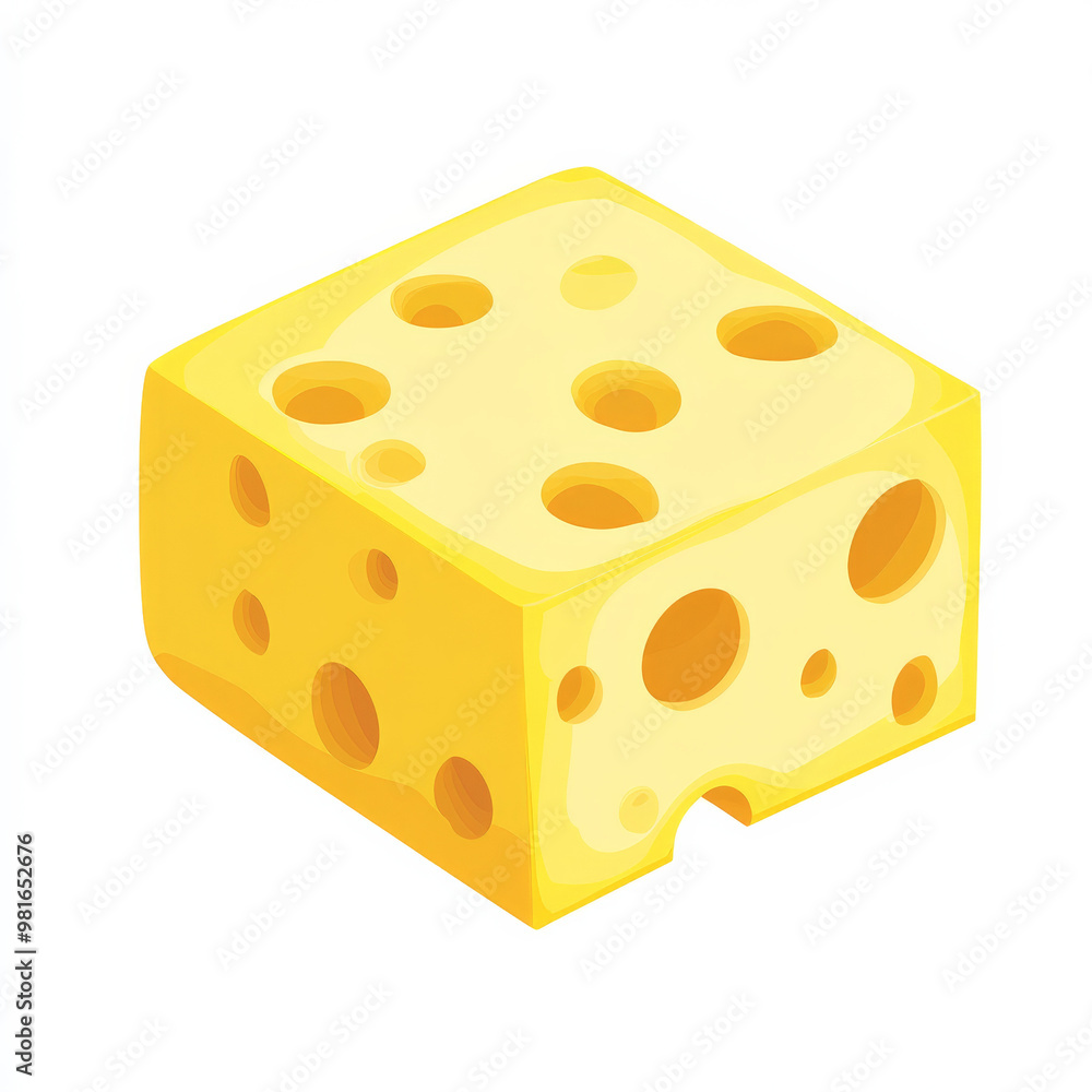 Flat illustration of a block of cheese with holes, in a bright yellow color and simple shapes, on a white background. Flat illustration of a block of cheese with holes, in a bright yellow color and simple shapes, on a white background.