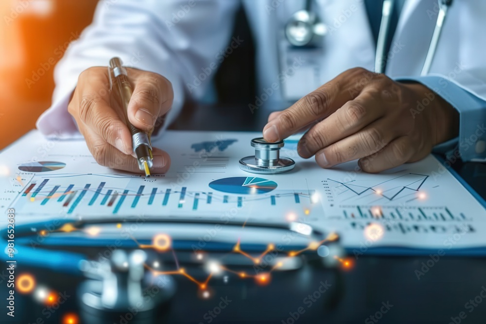 A stethoscope is placed on top of a stack of medical charts, generative ai A stethoscope is placed on top of a stack of medical charts, generative ai