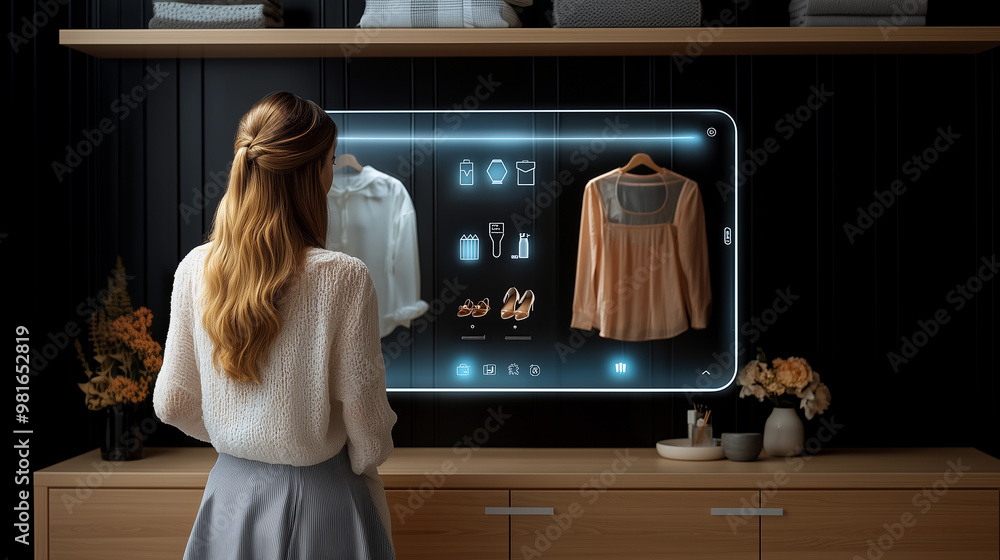 woman using a digital tablet with artificial intelligence technology to choose and select fashionable outfits