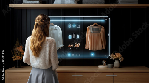 Obraz na płótnie woman using a digital tablet with artificial intelligence technology to choose and select fashionable outfits w salonie