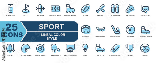 sport icon collection.modern lineal color style.contains soccer,tennis,competition,stadium,skateboard,hockey stick,hockey,bowling,bowling ball,football boots,punch bag,boxing,golf.
