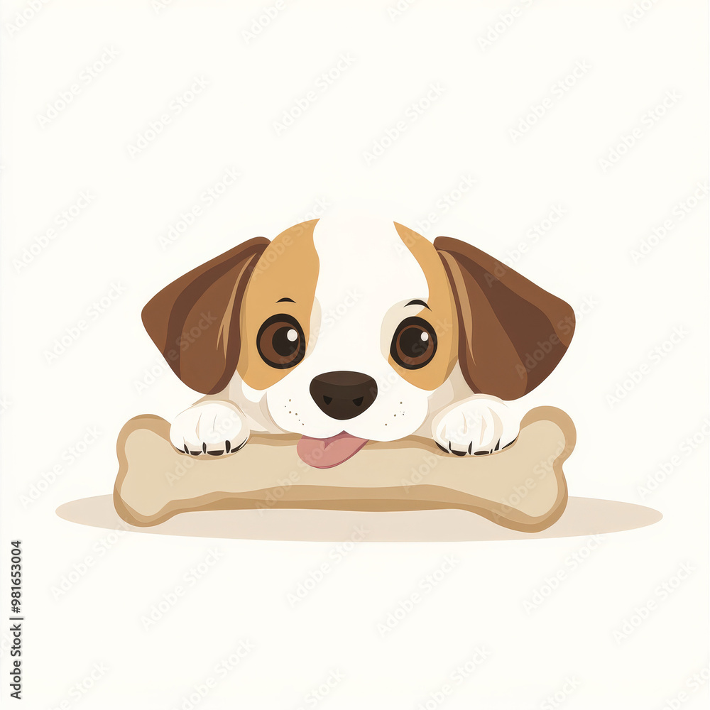 Flat illustration of a playful puppy chewing on a bone, featuring soft brown and beige tones, isolated on white. Flat illustration of a playful puppy chewing on a bone, featuring soft brown and beige tones, isolated on white.