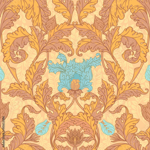 Floral vintage seamless pattern for retro wallpapers, textiles, designs. Enchanted Vintage Flowers. Arts and Crafts movement inspired.