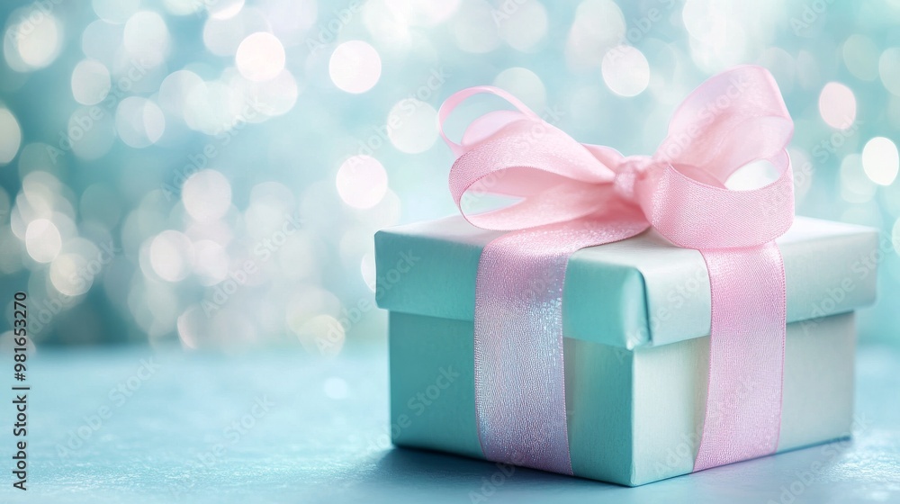 Gift box with pink ribbon on sparkling Gift box with pink ribbon on sparkling