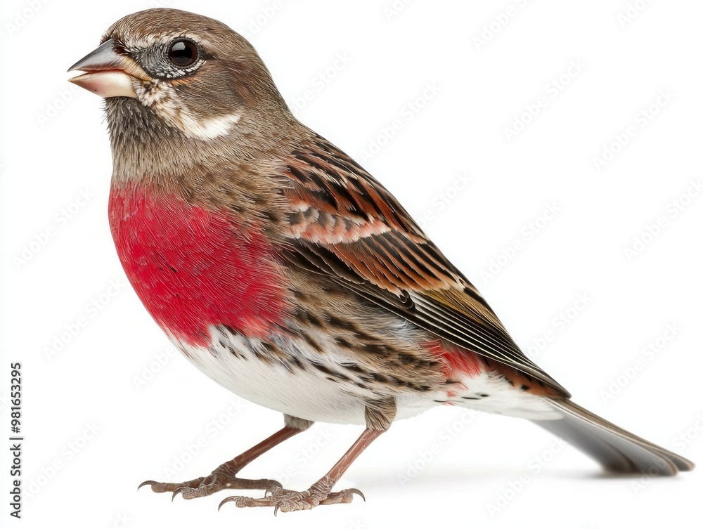 beautiful linnet stands proudly with its striking red chest and petite body, isolated against a bright white background, highlighting its vivid colors and lovely features. beautiful linnet stands proudly with its striking red chest and petite body, isolated against a bright white background, highlighting its vivid colors and lovely features.