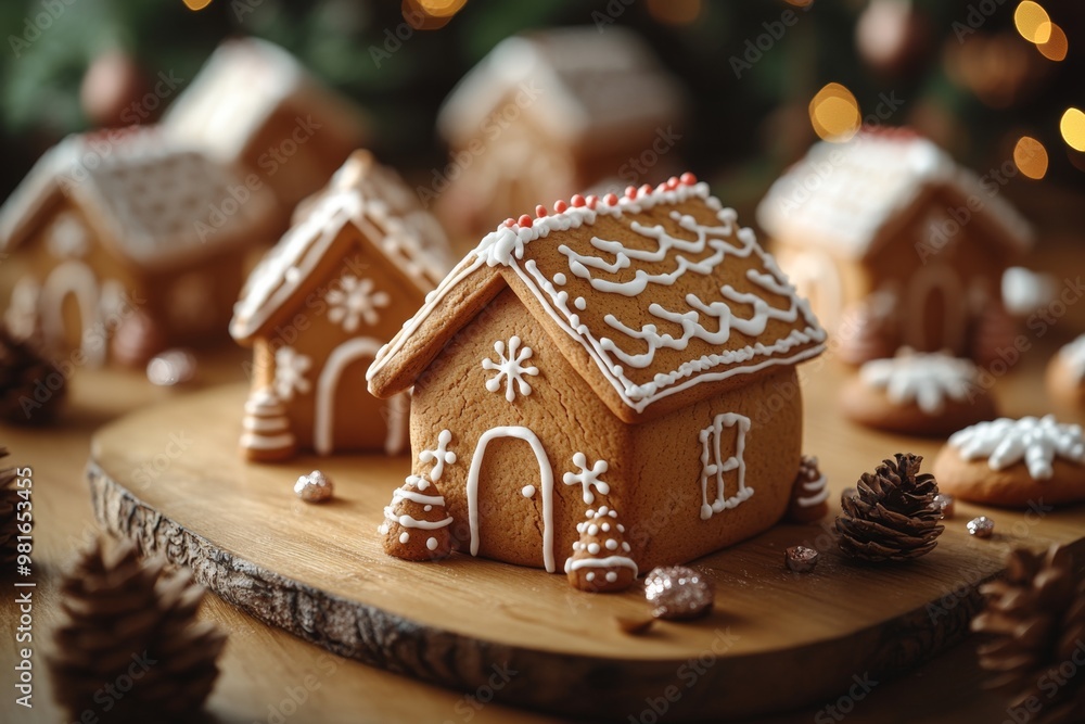 Christmas gingerbread houses on wooden table with bokeh background.. Pastries in the form of houses. Festive scene with holiday pastries. Christmas and New Year background. Christmas gingerbread houses on wooden table with bokeh background.. Pastries in the form of houses. Festive scene with holiday pastries. Christmas and New Year background.