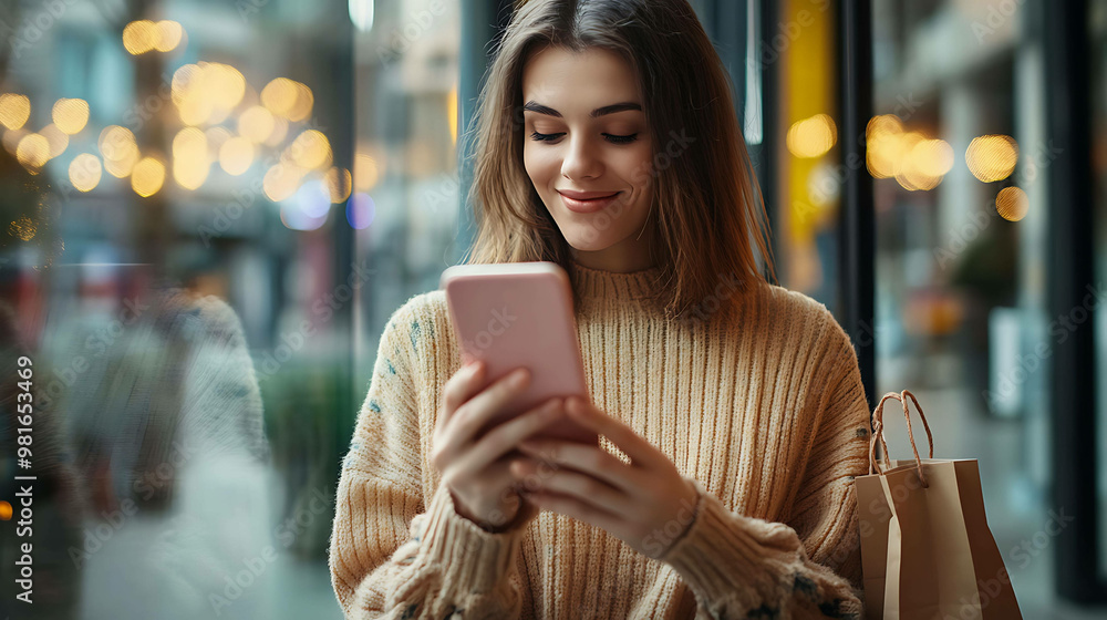 A young woman in a tan sweater is looking at her phone while holding shopping bags, smiling. A young woman in a tan sweater is looking at her phone while holding shopping bags, smiling.