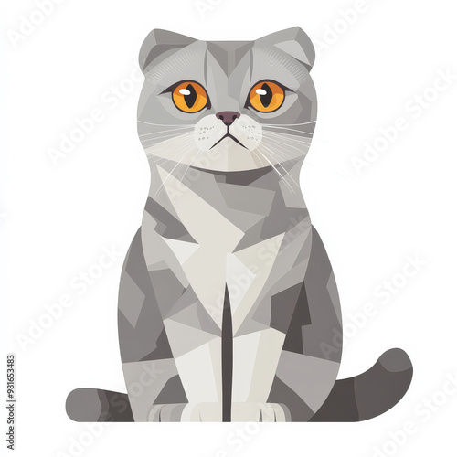 Flat design of a Scottish Fold cat with its distinctive folded ears, rendered in light gray tones, isolated on white. photo