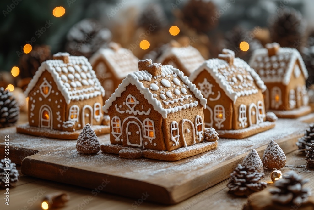 Christmas gingerbread houses on wooden table with bokeh background.. Pastries in the form of houses. Festive scene with holiday pastries. Christmas and New Year background. Christmas gingerbread houses on wooden table with bokeh background.. Pastries in the form of houses. Festive scene with holiday pastries. Christmas and New Year background.