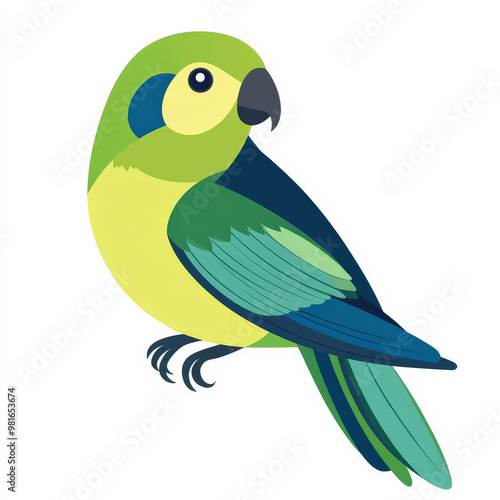 Flat design of a parrotlet bird perched, featuring clean shapes in bold green and blue tones, isolated on white. photo