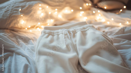 Wallpaper Mural White sweatpants on a white bed with fairy lights. Torontodigital.ca