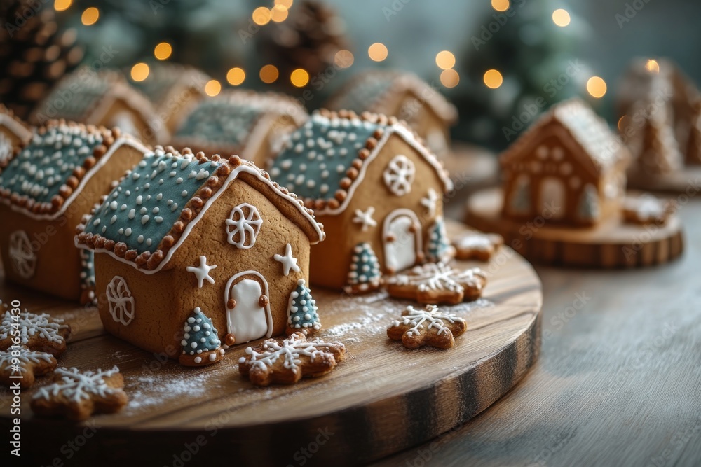 Christmas gingerbread houses on wooden table with bokeh background.. Pastries in the form of houses. Festive scene with holiday pastries. Christmas and New Year background. Christmas gingerbread houses on wooden table with bokeh background.. Pastries in the form of houses. Festive scene with holiday pastries. Christmas and New Year background.