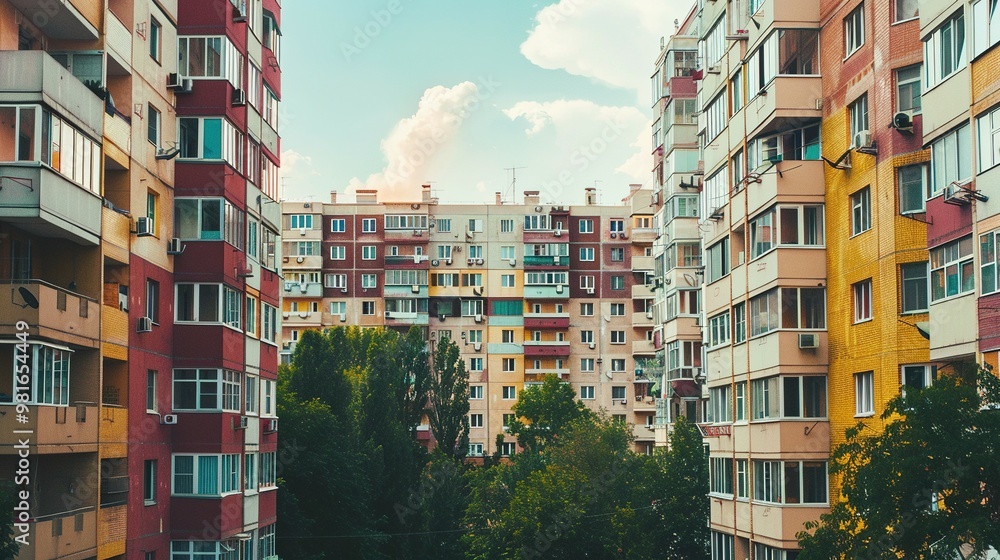 Fototapeta premium Two apartment buildings with a view of a central building and foliage in between