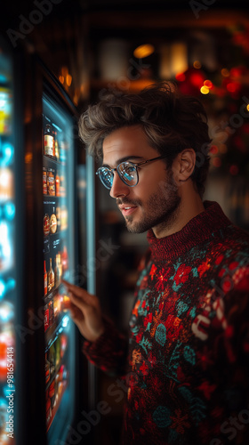 young man using a smart refrigerator with artificial intelligence technology during the christmas and black friday shopping season, taking advantage of offers and discounts