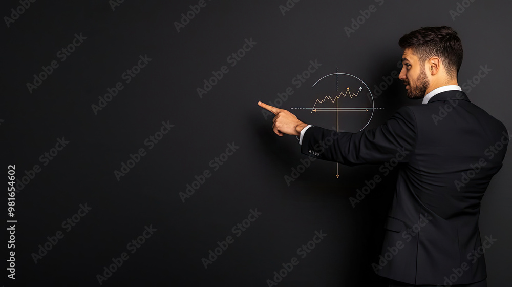 A businessman pointing at a target board with charts and growth arrows, symbolizing the focus and precision needed to achieve business goals A businessman pointing at a target board with charts and growth arrows, symbolizing the focus and precision needed to achieve business goals