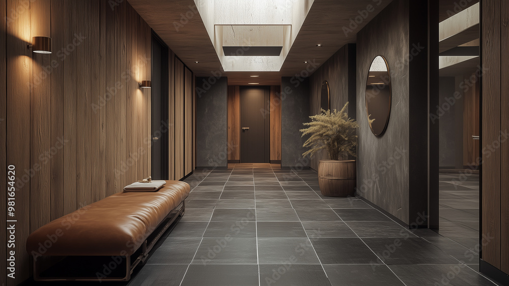 Rustic Elegance: Industrial Hallway with Leather Bench and Reclaimed Wood Walls Rustic Elegance: Industrial Hallway with Leather Bench and Reclaimed Wood Walls