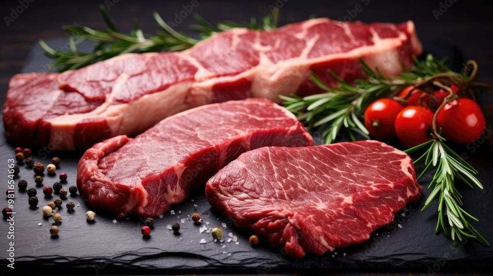 Fresh, raw beef steaks with rosemary, tomatoes, and peppercorns on a black slate board. A delicious and healthy meal option. Fresh, raw beef steaks with rosemary, tomatoes, and peppercorns on a black slate board. A delicious and healthy meal option.