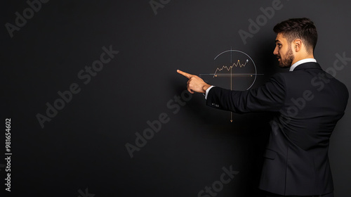 A businessman pointing at a target board with charts and growth arrows, symbolizing the focus and precision needed to achieve business goals photo