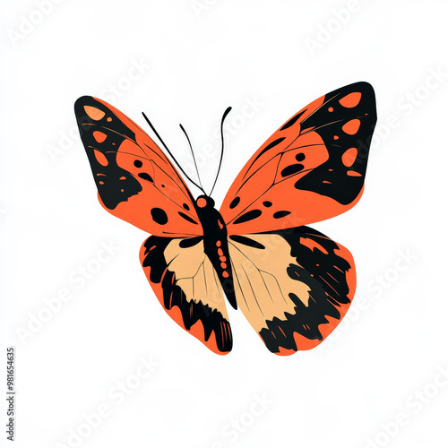 Flat illustration of a fluttering butterfly, featuring bold orange and black patterns, on a white background.