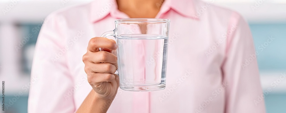 A person holding a clear glass of water, showcasing hydration and wellness in a bright, modern setting. A person holding a clear glass of water, showcasing hydration and wellness in a bright, modern setting.