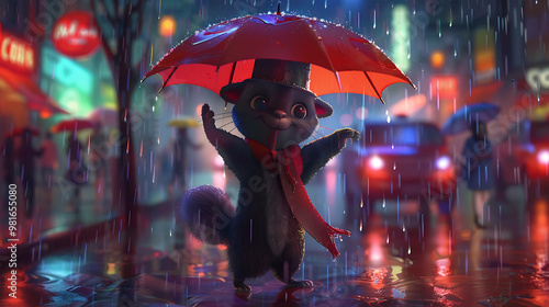 A cute, cartoon squirrel wearing a top hat and scarf stands in the rain holding an umbrella.