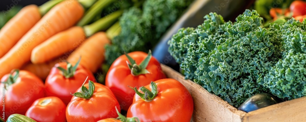 A vibrant farmer s market stand filled with fresh organic fruits and vegetables, like tomatoes, kale, and carrots, illustrating the farm to table concept A vibrant farmer s market stand filled with fresh organic fruits and vegetables, like tomatoes, kale, and carrots, illustrating the farm to table concept