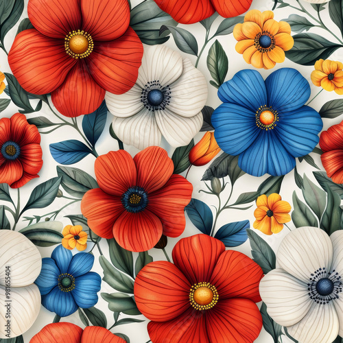 Wallpaper Mural This vibrant arrangement showcases a variety of flowers in red, blue, yellow, and white, surrounded by lush green leaves set against a bright white background. Torontodigital.ca