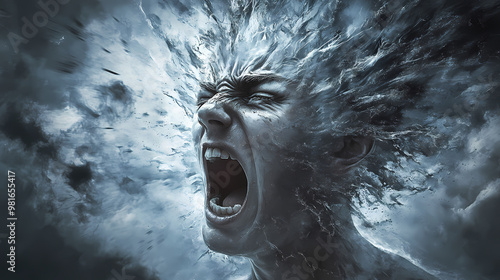 Highresolution image portraying anger and stress, persons intense stare aimed skyward, body language tense and uncomfortable, surprising change of direction, midjourney rendering. Tense. Illustration photo