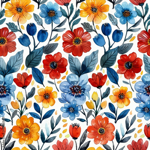 A vibrant arrangement of flowers showcases red, blue, yellow, and orange blooms, surrounded by lush green leaves, all beautifully set against a bright white background.