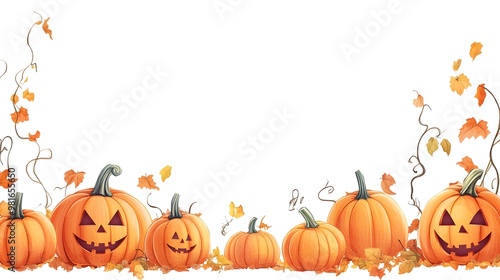 Banner with pumpkin decorative border isolated on white background. Halloween party, autumn season, harvest concept. Copy space