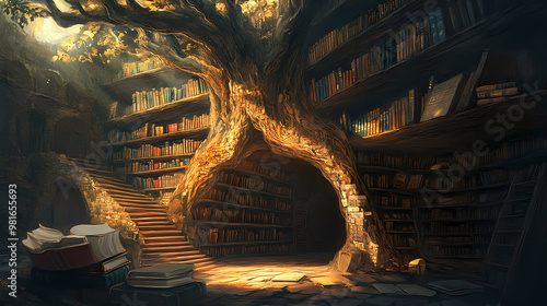 Imagine a majestic ancient tree with a large hollow trunk that contains a complex maze of books and shelves, creating a mystical and enchanting environment in a fantasy world. Whimsical. Illustration