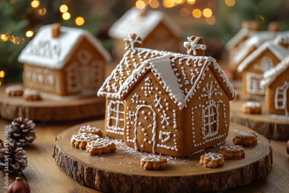 Christmas gingerbread houses on wooden table with bokeh background.. Pastries in the form of houses. Festive scene with holiday pastries. Christmas and New Year background. Christmas gingerbread houses on wooden table with bokeh background.. Pastries in the form of houses. Festive scene with holiday pastries. Christmas and New Year background.