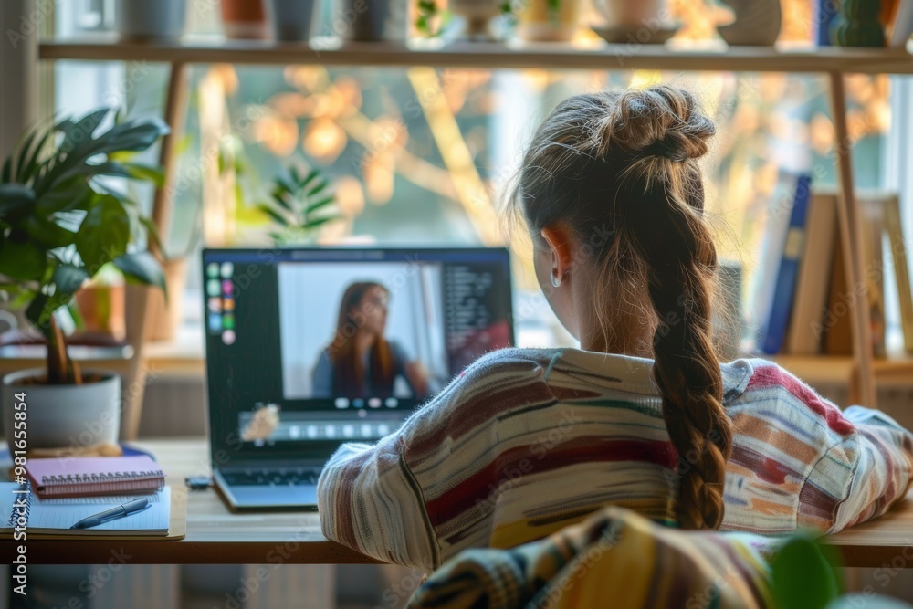 Young girl engaged in online learning at home with laptop on desk surrounded by books and plants Young girl engaged in online learning at home with laptop on desk surrounded by books and plants