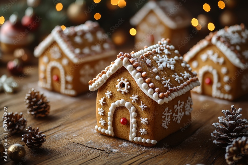 Christmas gingerbread houses on wooden table with bokeh background.. Pastries in the form of houses. Festive scene with holiday pastries. Christmas and New Year background. Christmas gingerbread houses on wooden table with bokeh background.. Pastries in the form of houses. Festive scene with holiday pastries. Christmas and New Year background.