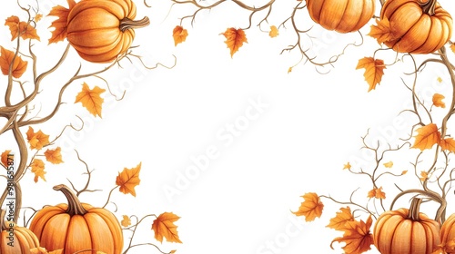 Banner with pumpkin decorative border isolated on white background. Halloween party, autumn season, harvest concept. Copy space