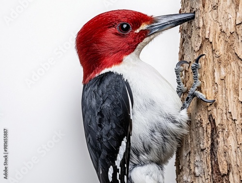 striking red-headed woodpecker perches on a tree trunk, its brilliant red cap standing out prominently as it engages in its natural behavior, surrounded by a minimalist white backdrop. photo