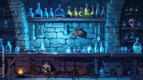 A Mystical Potion Room with a Brick Wall and Shelves Filled with Bottles photo