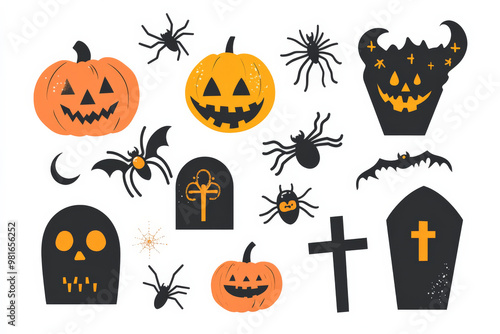 Flat Halloween icons of spiders, pumpkins, and gravestones, in a playful, kid-friendly style with bold outlines and bright colors. photo