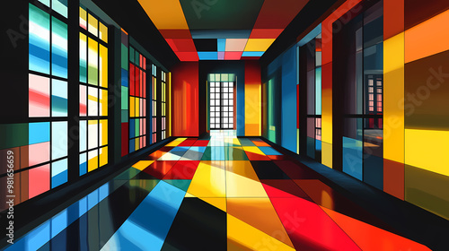 Luminous light core radiating in de stijl inspired geometry. De Stijl. Illustration photo