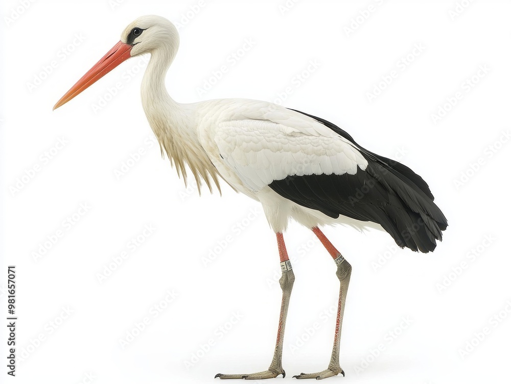solitary stork stands poised on one leg, with its long neck and beak elegantly angled down solitary stork stands poised on one leg, with its long neck and beak elegantly angled down