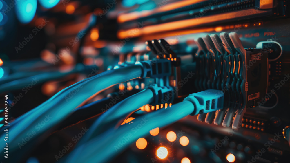 Close-up of blue Ethernet cables and blinking lights in a server room Close-up of blue Ethernet cables and blinking lights in a server room