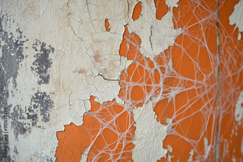 Old Orange Wall Covered with Spider Webs and Peeling Paint