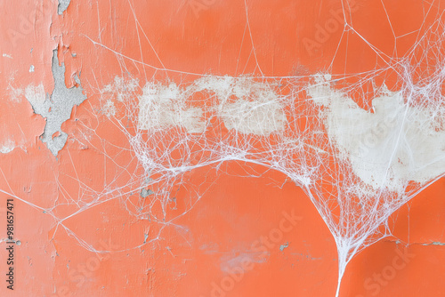Old Orange Wall Covered with Spider Webs and Peeling Paint
