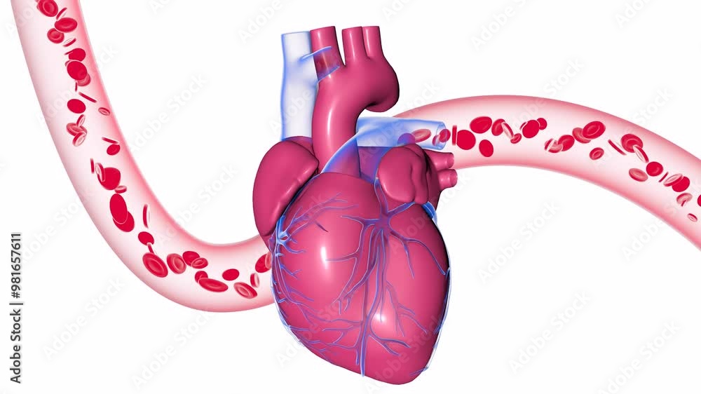 3d animation of a beating heart, showing the coronary arteries. With an artery or vein behind, with the circulation of red blood cells. Cut out on white background.