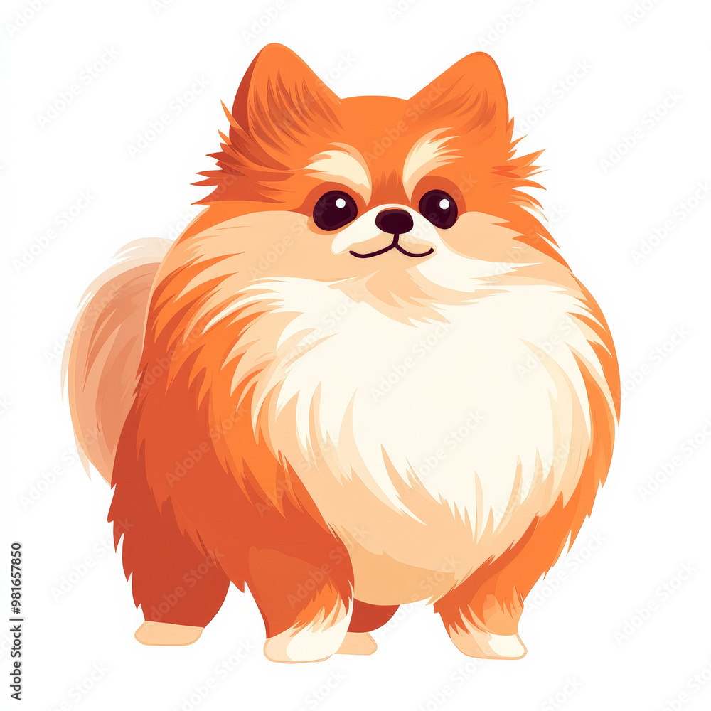Flat illustration of a fluffy Pomeranian dog, rendered in vibrant orange and white tones, isolated on white. Flat illustration of a fluffy Pomeranian dog, rendered in vibrant orange and white tones, isolated on white.