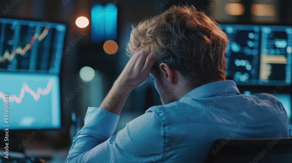 Trader leans head on his desk, feelings of failure and stress with stock situation. Trader leans head on his desk, feelings of failure and stress with stock situation.