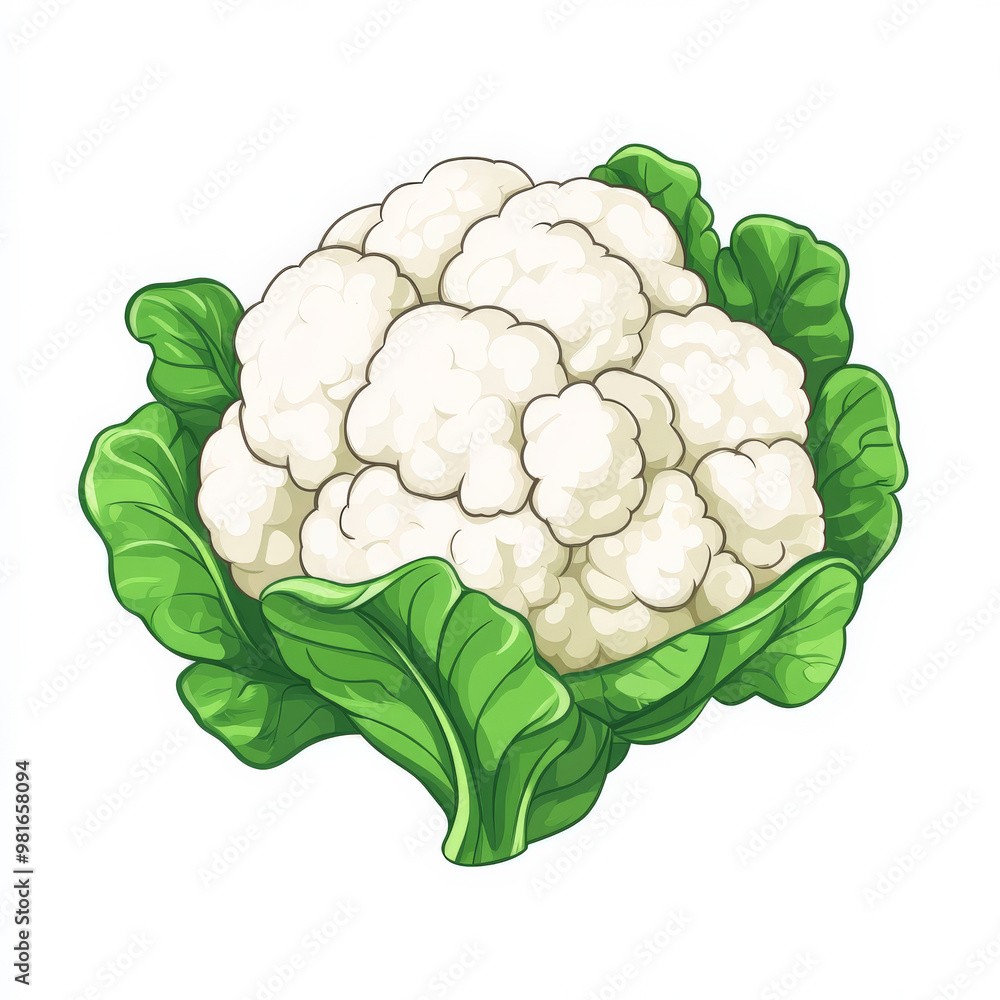 Flat illustration of a cauliflower head, featuring clean lines and simple shading, isolated on a white background. Flat illustration of a cauliflower head, featuring clean lines and simple shading, isolated on a white background.