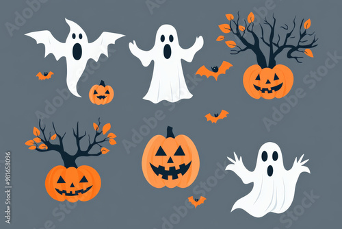 Flat design Halloween icons featuring ghostly figures, spooky trees, and jack-o-lanterns in a clean and modern style.