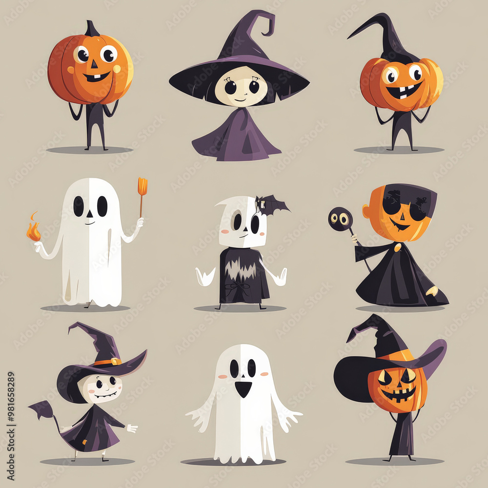 Collection of flat Halloween characters including friendly ghosts, grinning pumpkins, and mischievous witches, all in a clean, modern design. Collection of flat Halloween characters including friendly ghosts, grinning pumpkins, and mischievous witches, all in a clean, modern design.