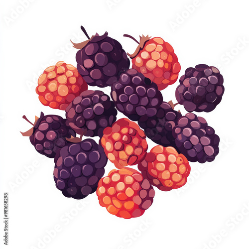 Flat illustration of fresh tayberries with vibrant red and purple tones, clean lines, and minimal shading, on a white background. photo